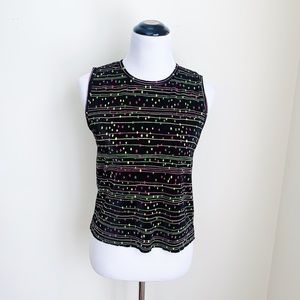 Vintage 90's Plisse Micropleat Black Confetti Sleeveless Dot Print Top Blouse